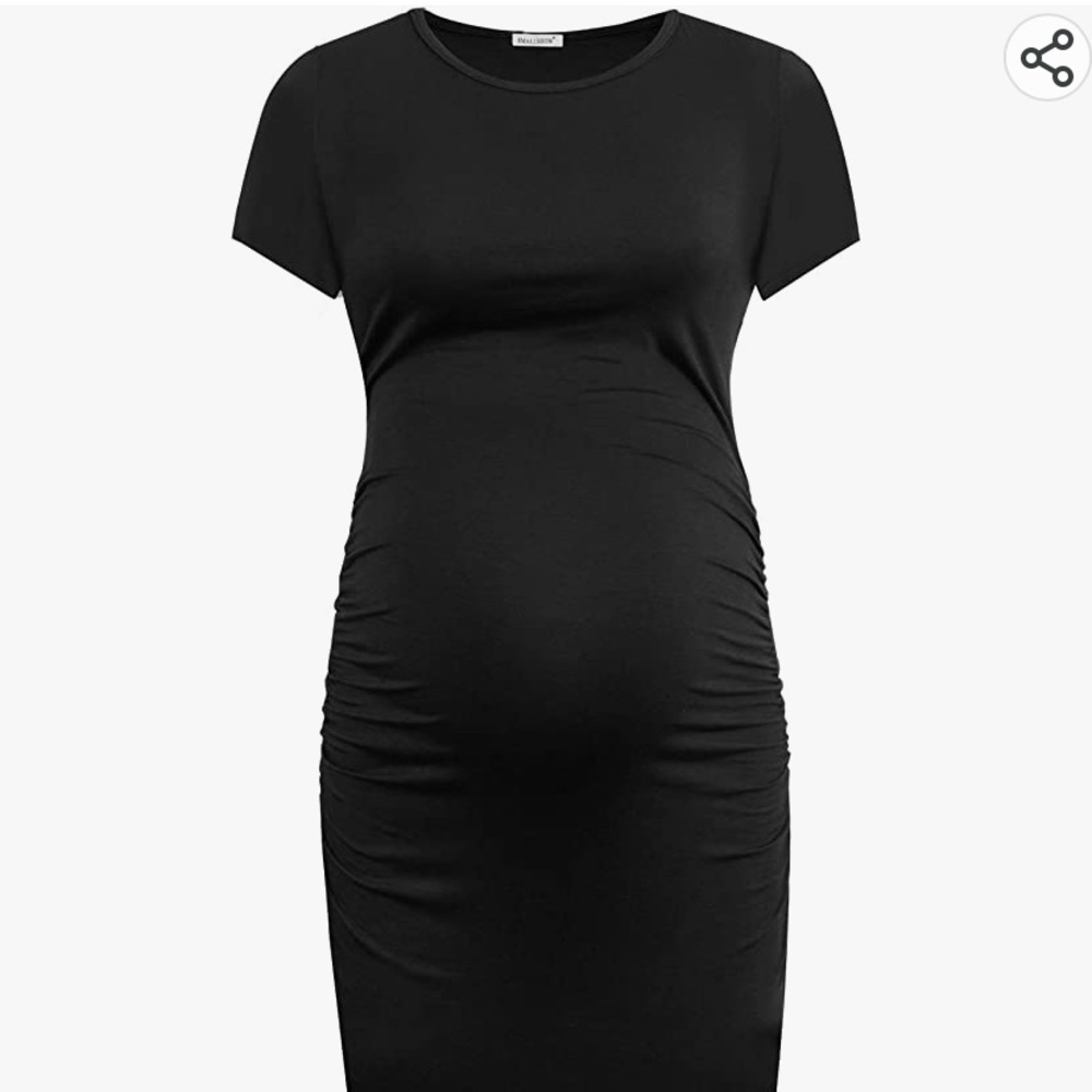 Short sleeve black maternity dress with side rouching